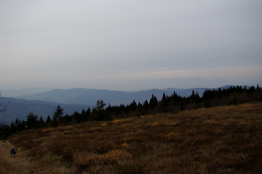 za okolitými hrebeňmi hôr sa v opare rysujú Tatry